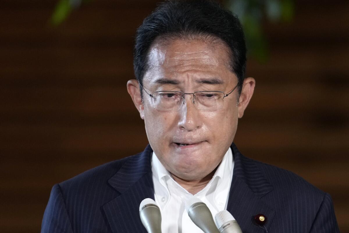 Japanese Prime Minister Fumio Kishida speaks into microphones.