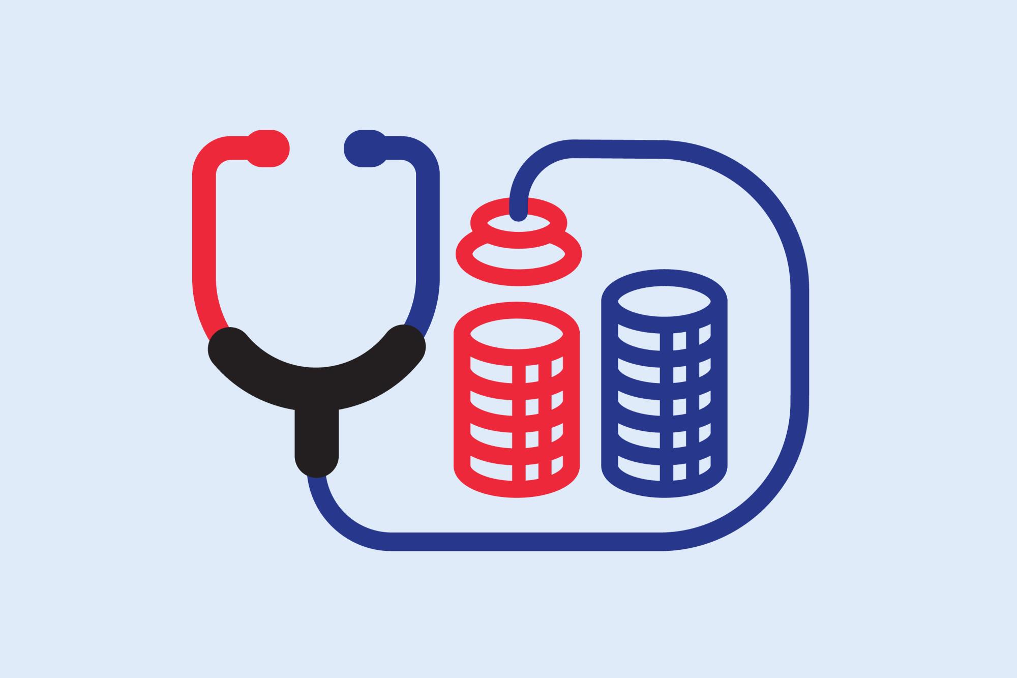 stethoscope in red and blue with stacks of coins