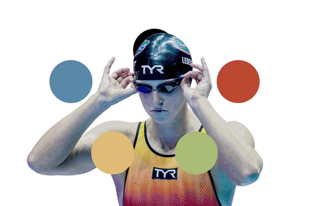 Katie Ledecky adjusts here goggles in an illustration with circles creating a loop behind and in front of her.