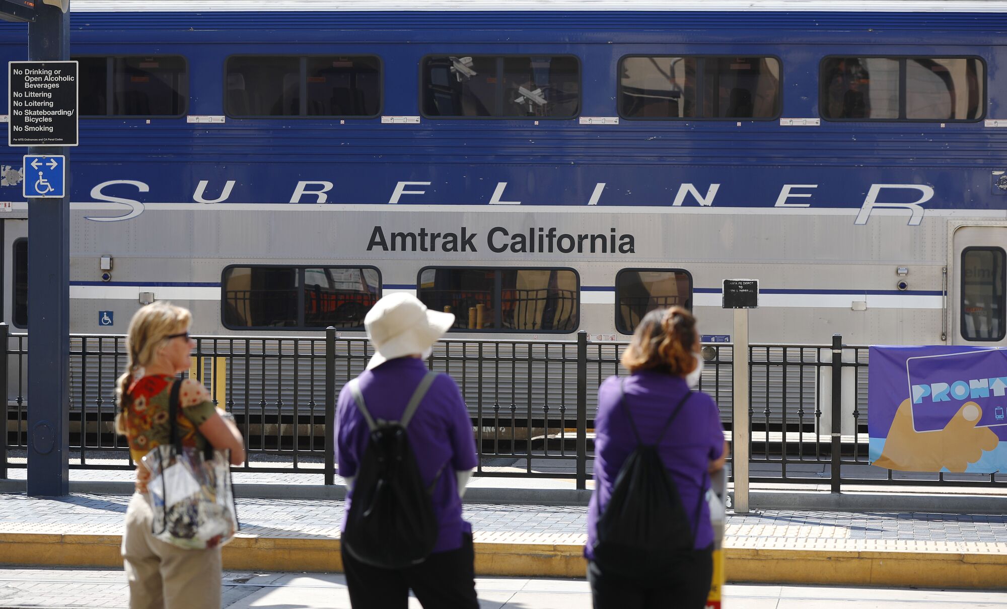 Two Amtrak Pacific Surfliner trains are parked in Santa Fe Depot in San Diego 
