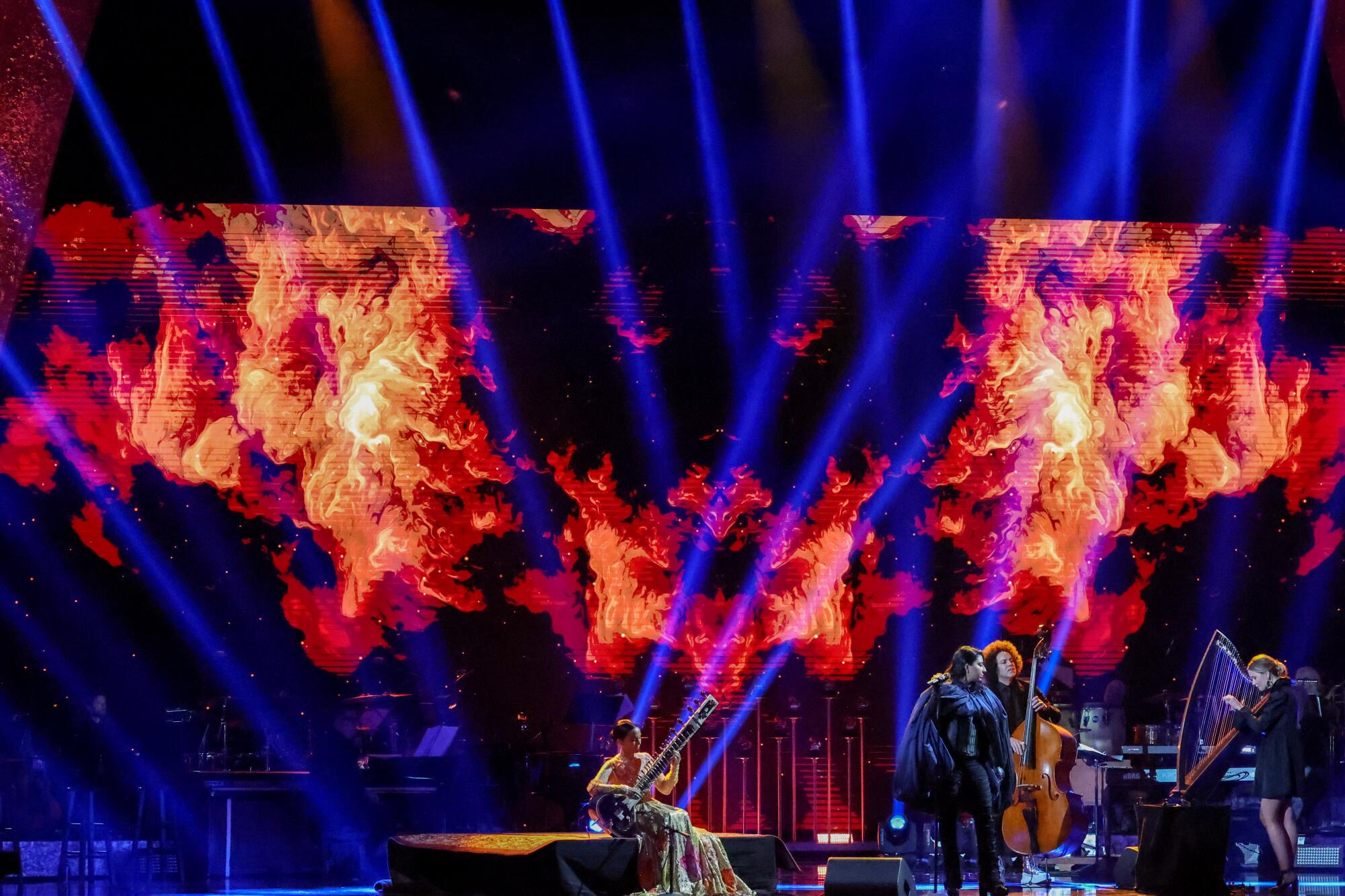 Anoushka Shankar and Arooj Aftab perform on stage at the Grammy pre-telecast at the Microsoft Theather.