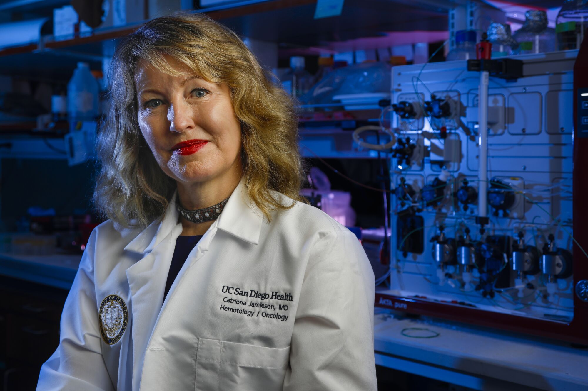 Dr. Catriona Jamieson treats patients with blood cancers. The UCSD oncologist is also a researcher who helped prove that a recently approved cancer drug, fedratinib, was a good candidate for clinical testing. Jamieson is shown in her lab at the Sanford Consortium for Regenerative Medicine on October 4, 2019, in San Diego.