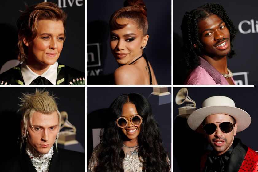 The stars were out on the Red Carpet before the Pre-Grammy Gala at the Beverly Hilton. Clockwise from top left; Brandi Carlile, Anitta, Lil Nas X, DJ Cassidy, H.E.R., and Machine Gun Kelly.