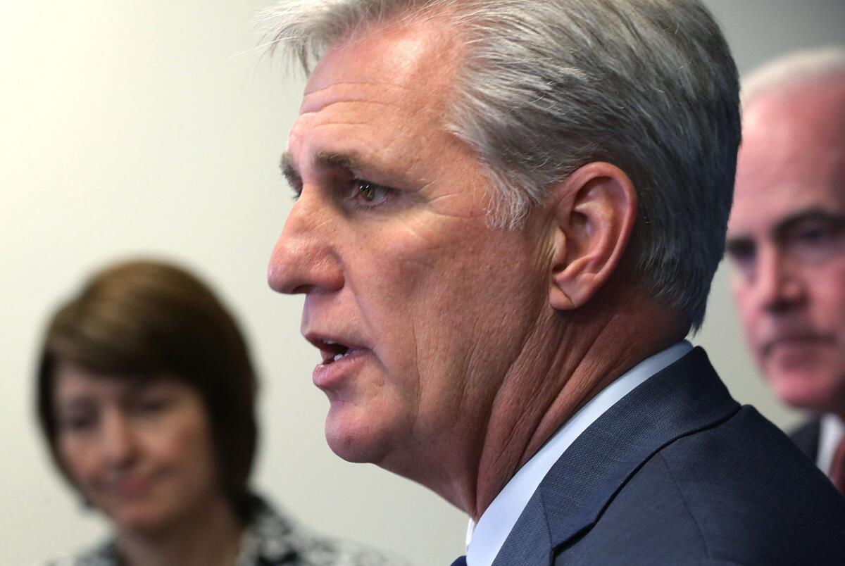House Majority Leader Kevin McCarthy (R-Bakersfield), seen here after a Republican Conference meeting on Sept. 29, is coming under fire from Democrats for comments he made about the House investigation of the 2012 attacks in Benghazi, Libya.