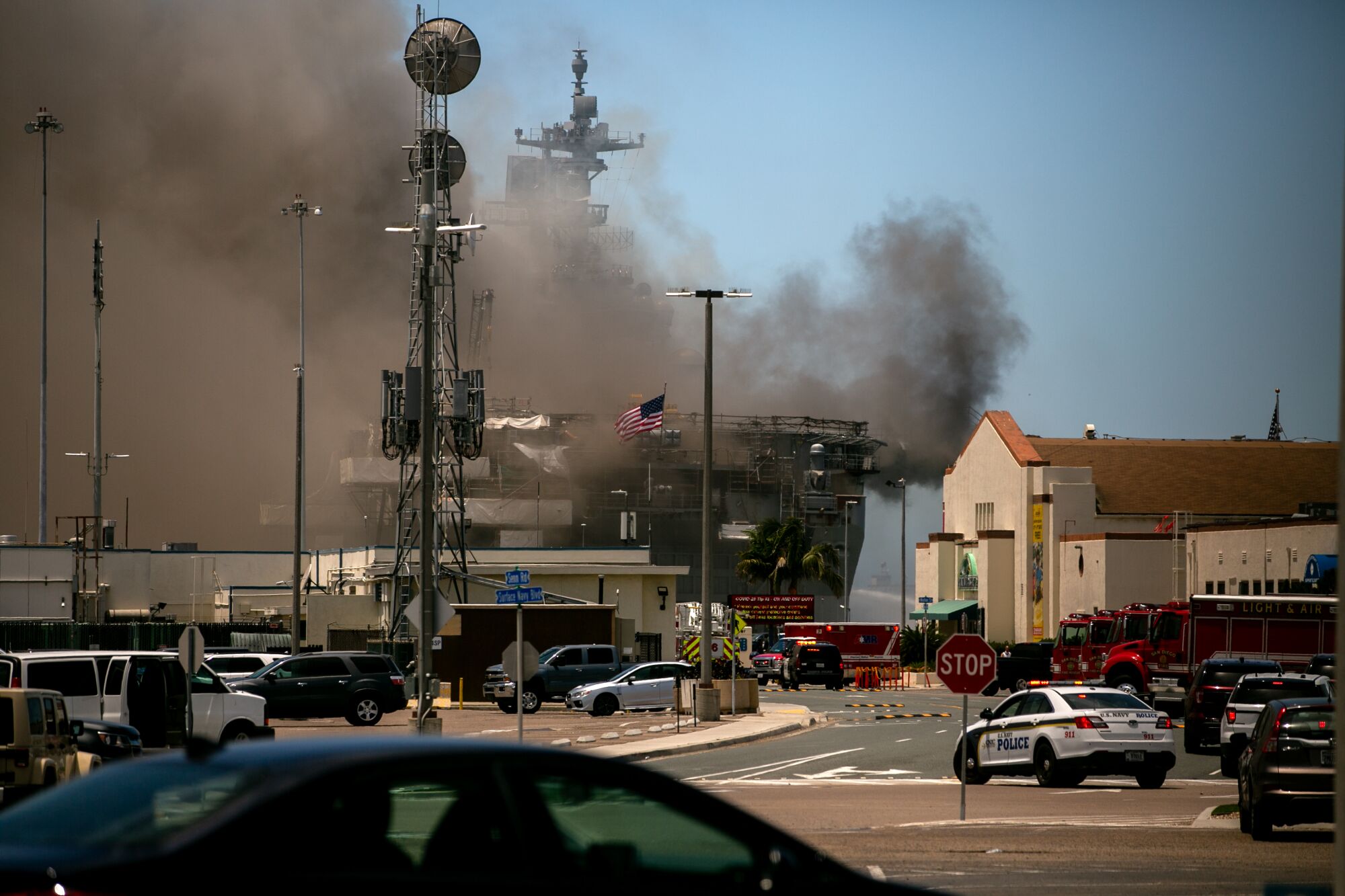 Emergency crews responded to the scene of a fire aboard the USS Bonhomme Richard.