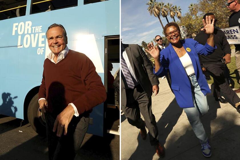 L.A. mayoral candidates Rick Caruso and Karen Bass at recent campaign events.
