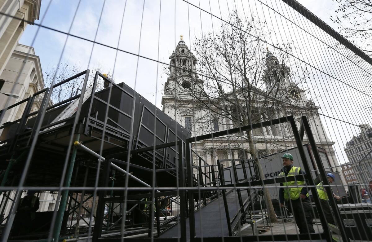 A platform for the media is being constructed outside St. Paul's Cathedral in London in preparation for Wednesday's funeral for former British Prime Minister Margaret Thatcher.