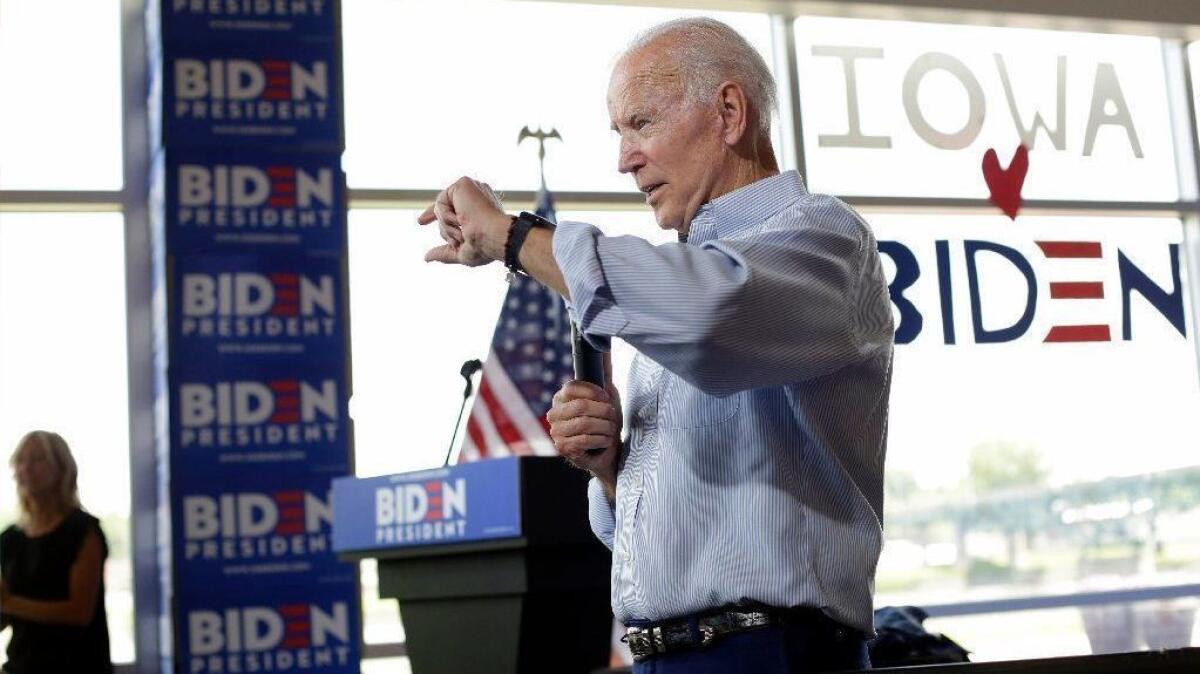 Joe Biden speaks during a campaign event in Ottumwa, Iowa, on June 11.