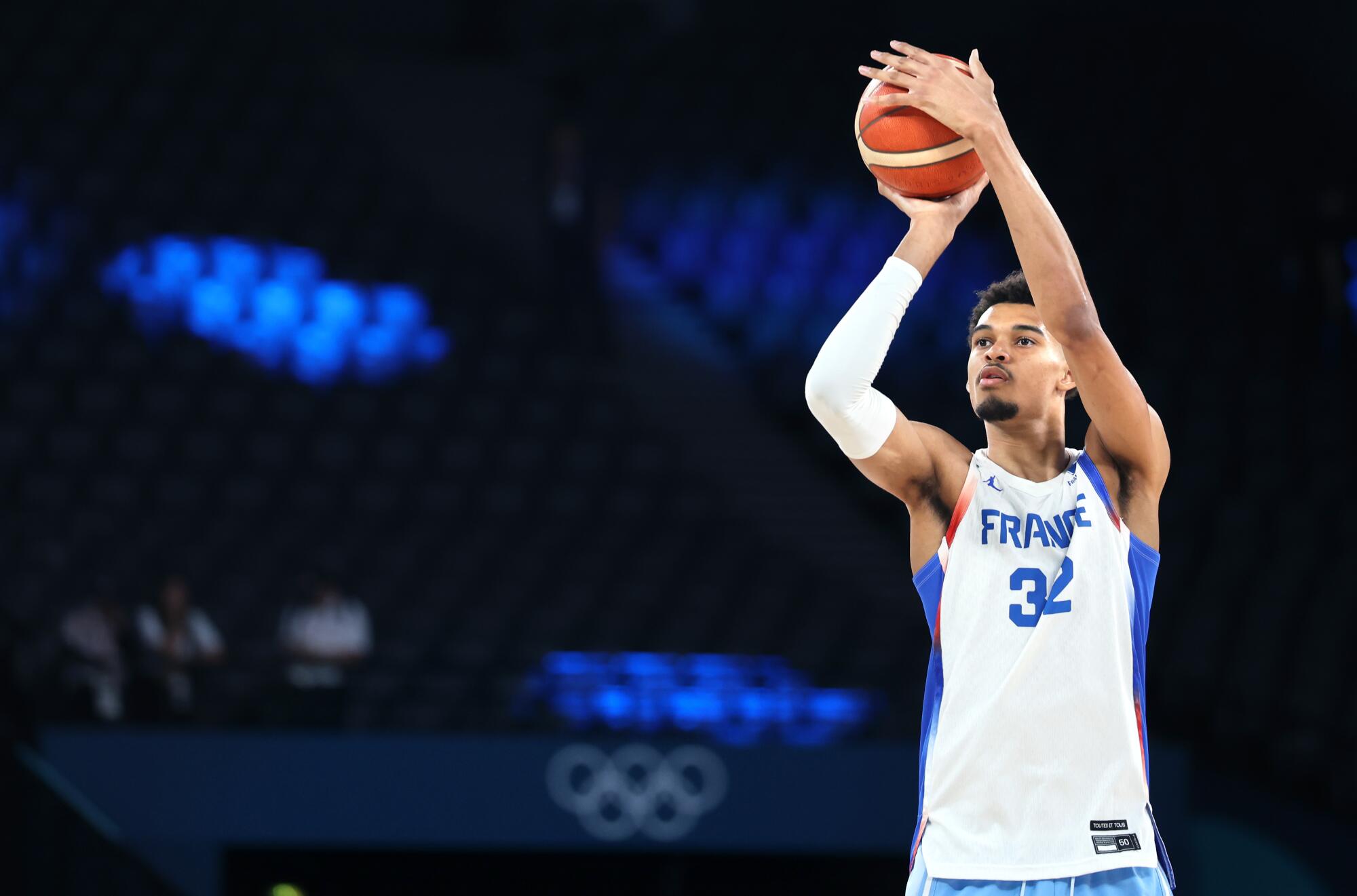 France's Victor Wembanyama shoots during a game against Canada at the 2024 Paris Olympics Monday. 