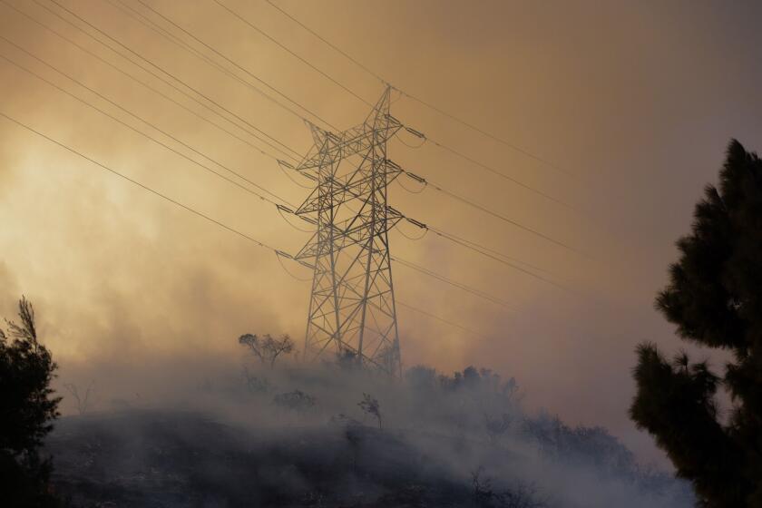 Smoke rises past a power line during the Palisades Fire in Los Angeles in 2025.
