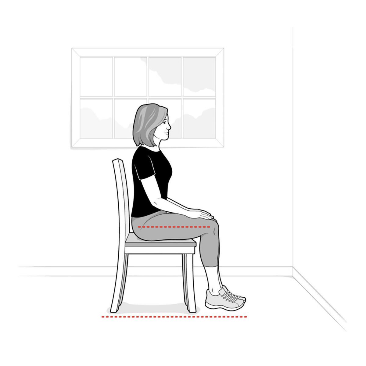 A sketch of a woman sitting in a chair with her thighs parallel with the ground.