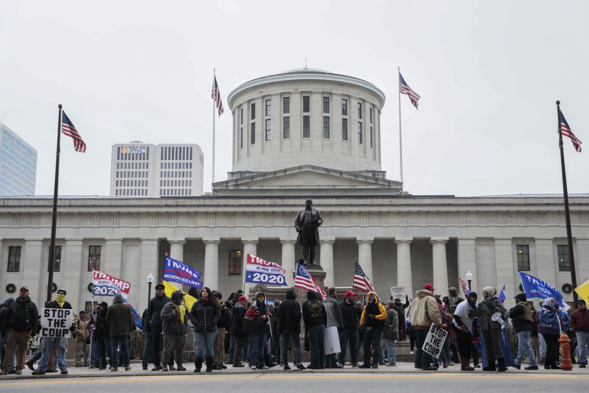 FILE - Supporters of President Donald Trump demonstrate during a rally on Wednesday, Jan. 6, 2021, at the Ohio Statehouse in Columbus, Ohio. Statehouses where Trump loyalists have rallied since the Nov. 3 election are heightening security after the storming of the U.S. Capitol this week. Police agencies in a number of states are monitoring threats of violence as legislatures return to session and as the nation prepares for the inauguration of President-elect Joe Biden. (Joshua A. Bickel/The Columbus Dispatch via AP, File)