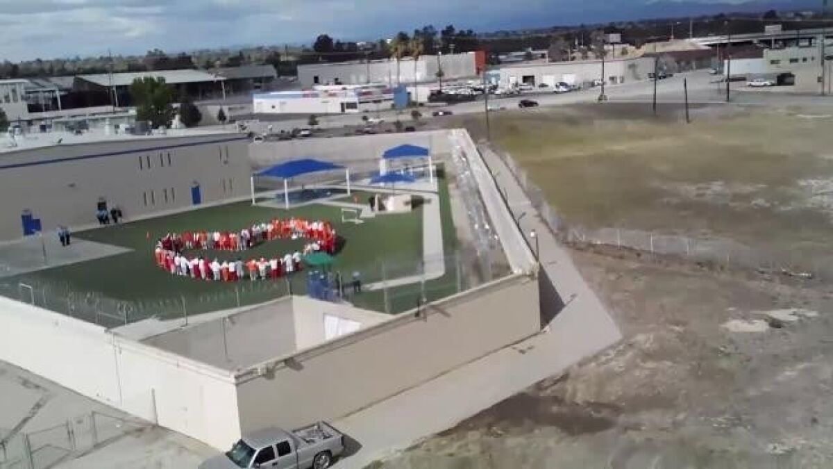 Hunger strikers at Mesa Verde ICE Processing Center in Bakersfield were photographed by a drone April 10.