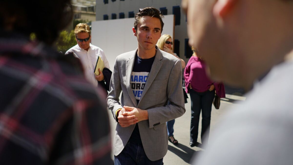 Parkland shooting survivor David Hogg speaks with well wishers at The Standard in downtown Los Angeles on April 7.