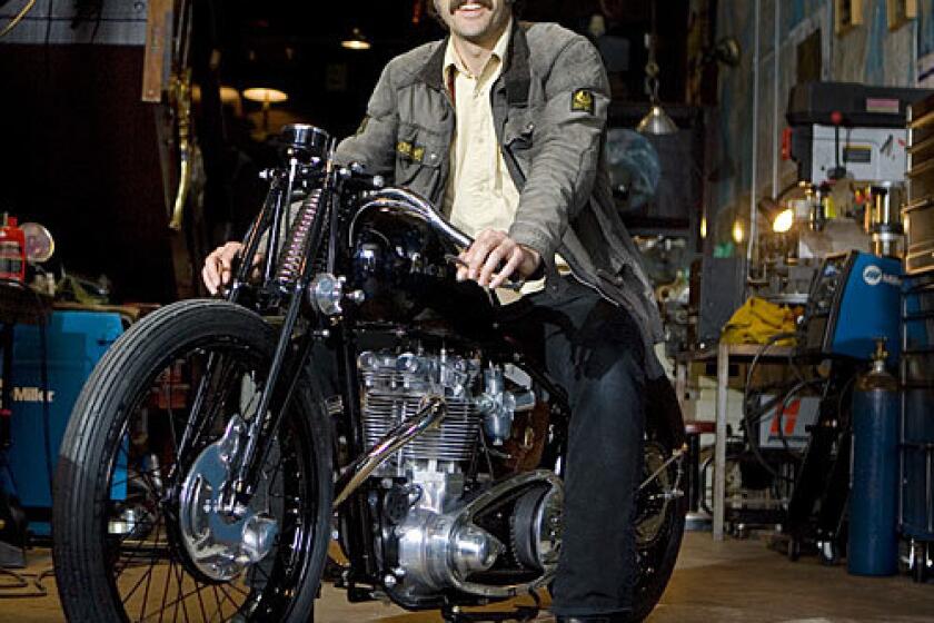Jason Lee, star of the NBC sitcom "My Name Is Earl" and an avid motorcyclist, poses with his $45,000 Bullet Falcon. Lee has been working with local builder Ian Barry during the last year on the Falcon Motorcycles creation, which melds mid-century British machinery with a 1920s board-track aesthetic.