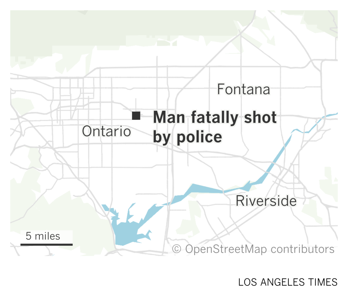 A map of the Inland Empire area showing where a man was fatally shot by police in Ontario