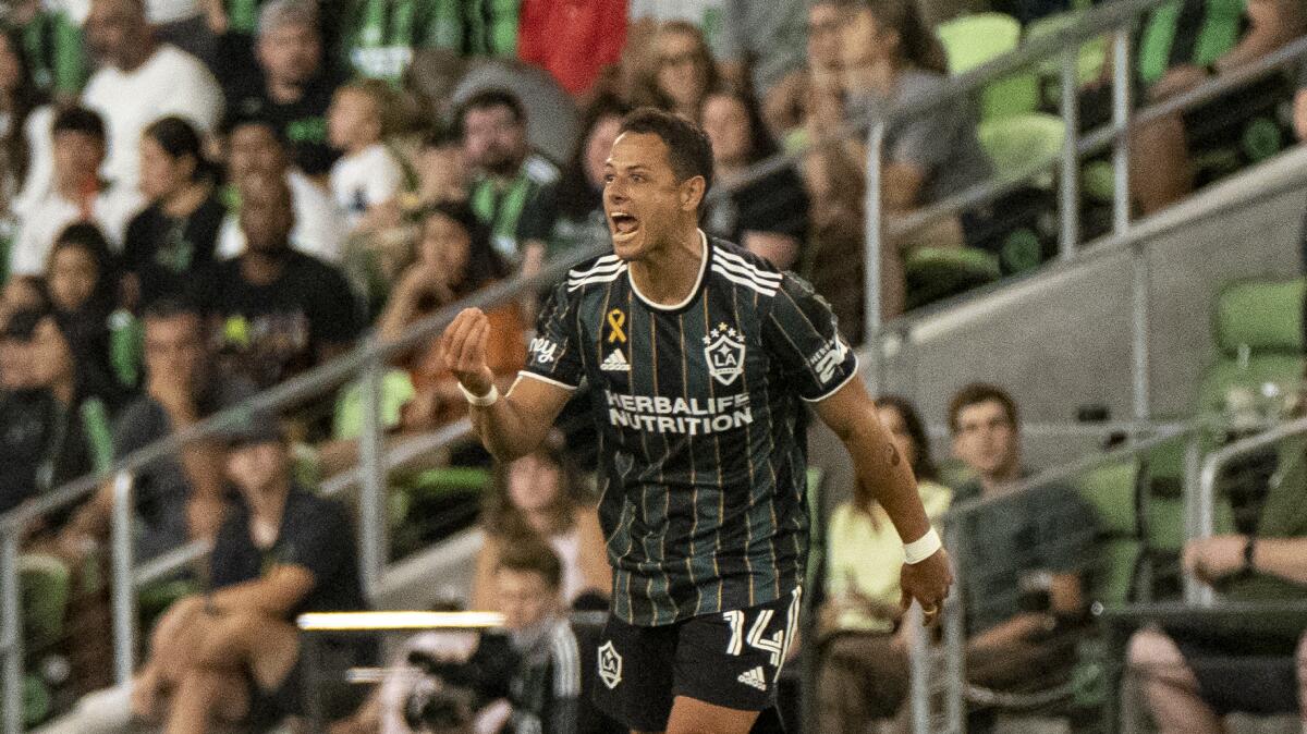 Galaxy start Javier “Chicharito” Hernández reacts during a loss to Austin FC in September.