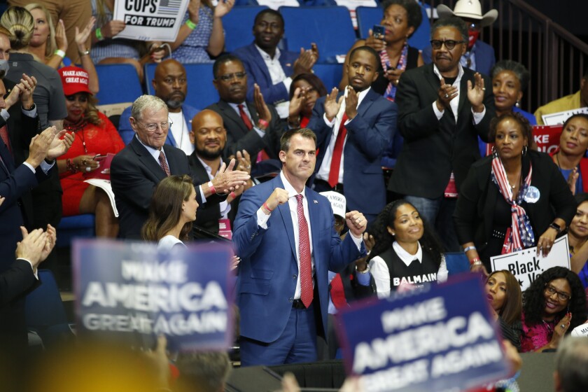 Oklahoma Gov. Kevin Stitt is recognized as President Trump speaks during a campaign rally in Tulsa