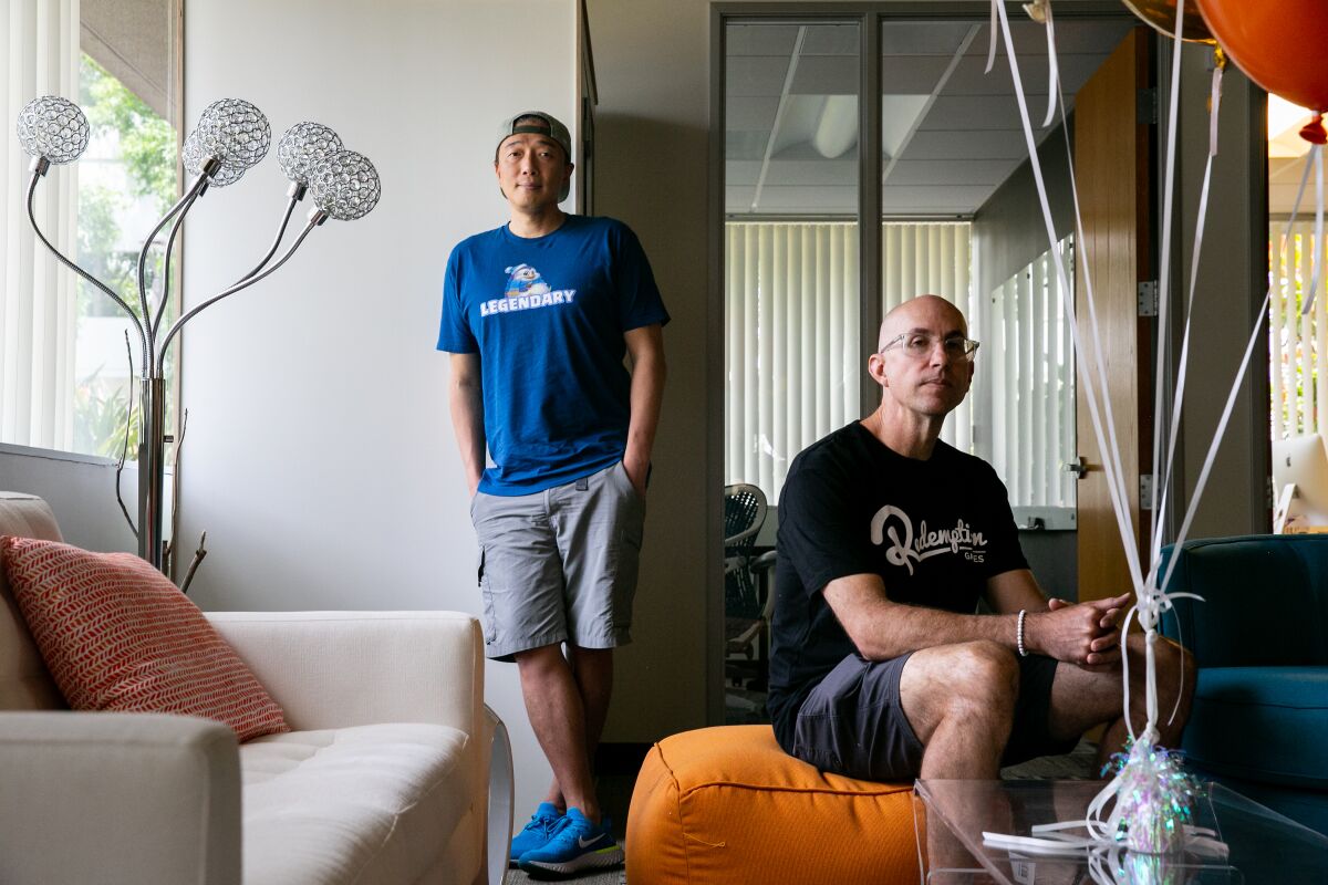 Redemption Games cofounders Dan Lin and Michael Witz pose for a portrait at the company's headquarters on July 30, 2019 in Carlsbad, California.