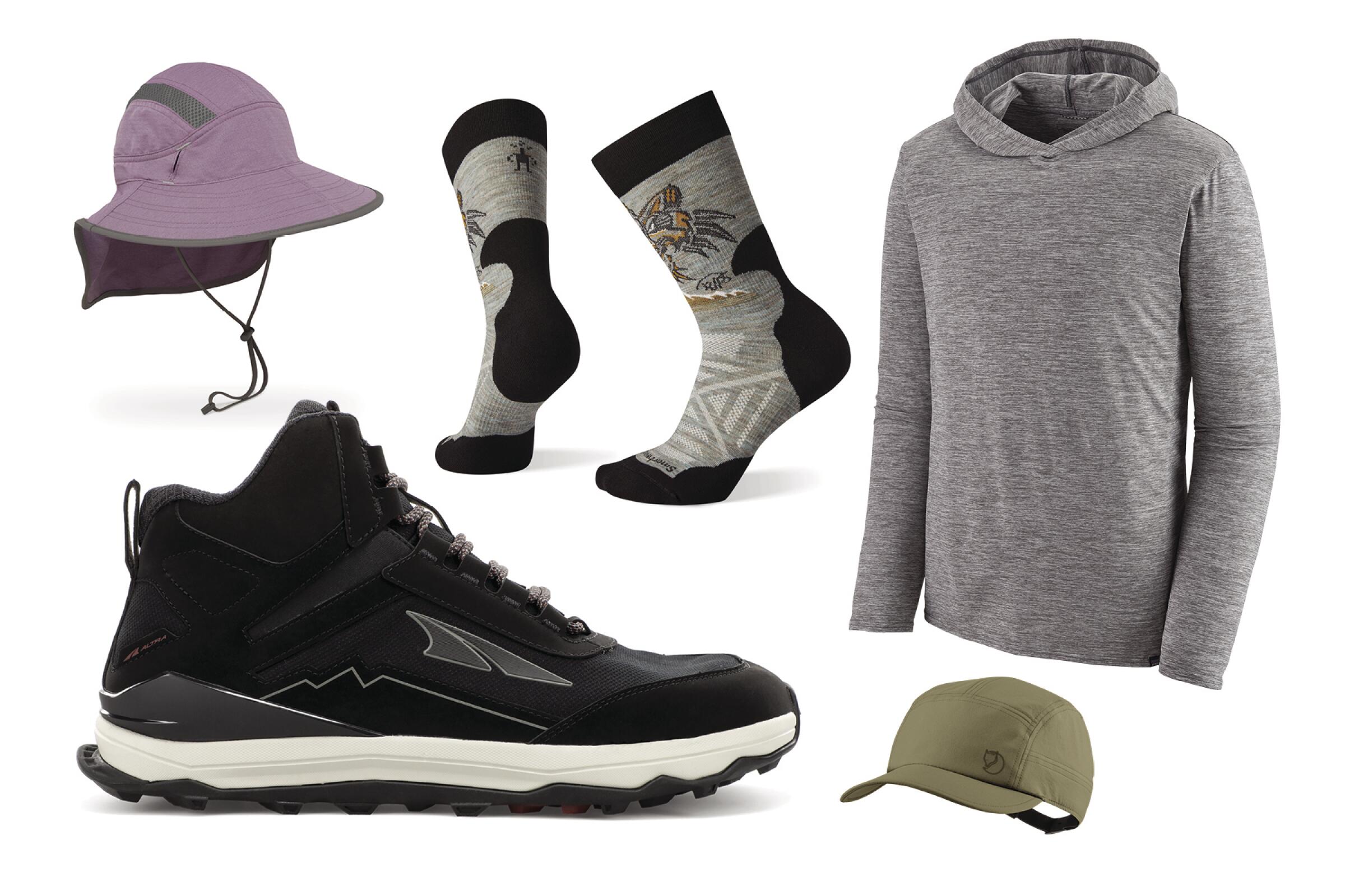 A photo collage of hiking apparel