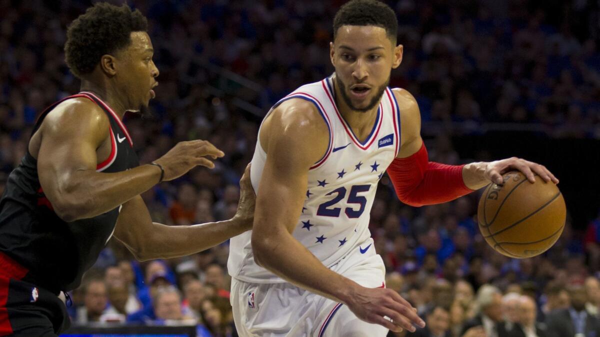 76ers guard Ben Simmons (25) drives against Raptors guard Kyle Lowry during Game 3 of their playoff series.