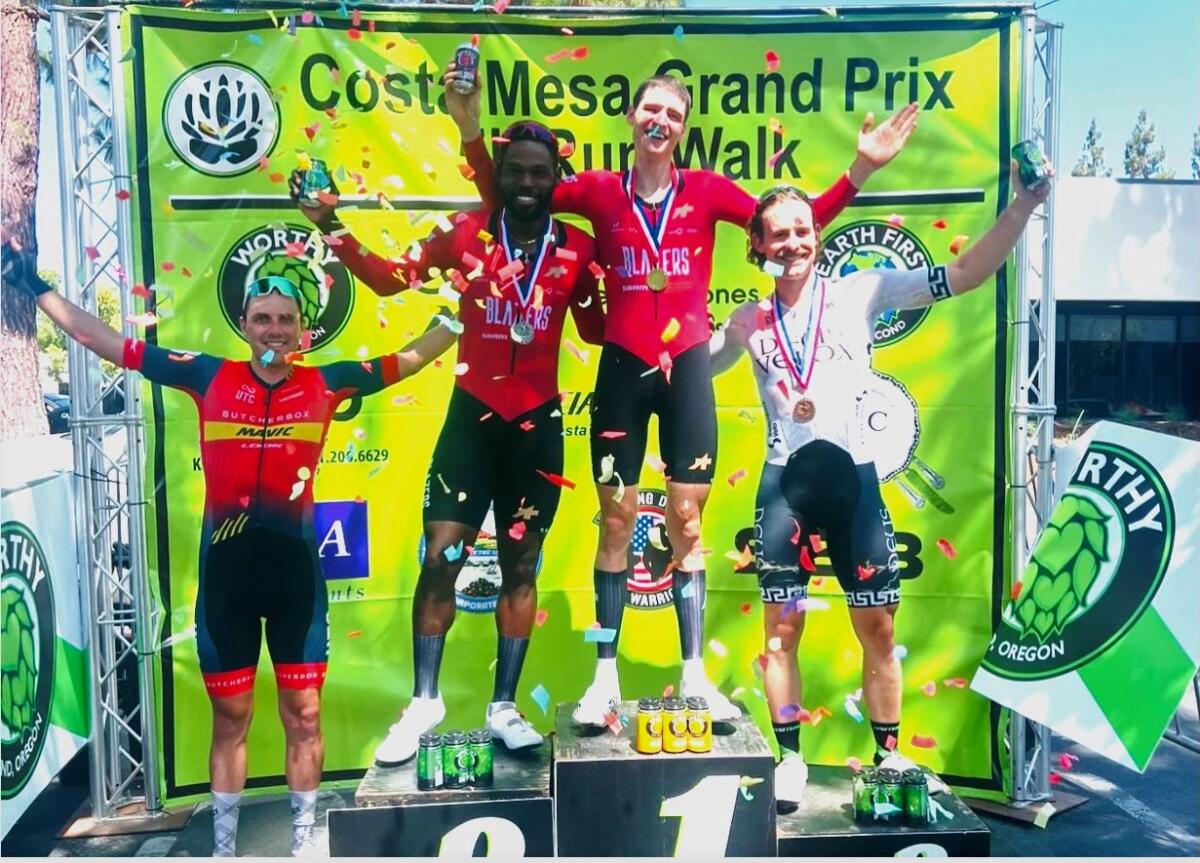 Winners of the Costa Mesa Grand Prix's Men Pro 1-3 race, Dante Young, second from left, Cory Lockwood and Julian Ballestas.