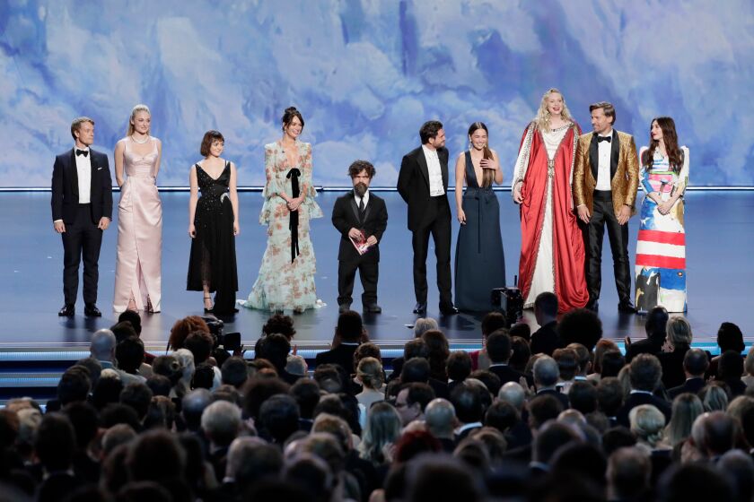 LOS ANGELES, CA., September 22, 2019:ÊAlfie Allen, Sophie Turner, Maisie Williams, Lena Headey, Peter Dinklage, Kit Harington, Emilia Clarke, Gwendoline Christie, Nikolaj Coster-Waldau, and Carice van Houten from ÒGame of Thrones,Ó on stage during the show at the 71st Primetime Emmy Awards at the Microsoft TheaterÊin Los Angeles, CA. (Robert Gauthier / Los Angeles Times)