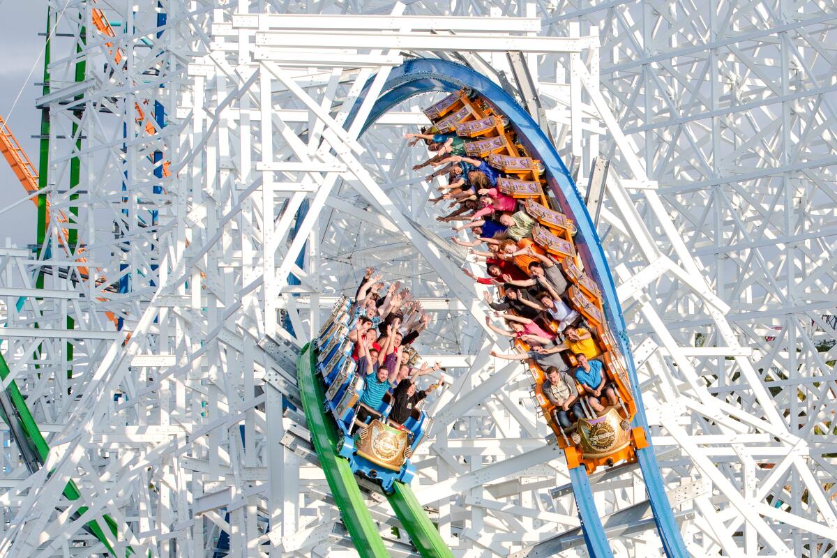 A photograph of Twisted Colossus at Six Flags Magic Mountain.