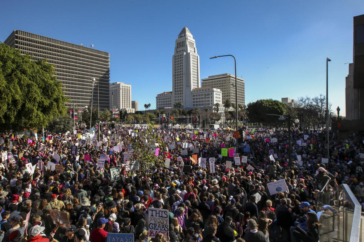 Participants in Women's March Los Angeles fill the streets near City Hall and Grand Park on Jan. 21, the day after President Trump's inauguration.