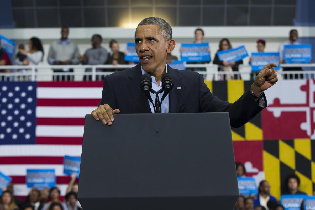 President Obama speaks at a campaign rally for Maryland gubernatorial candidate Anthony Brown.