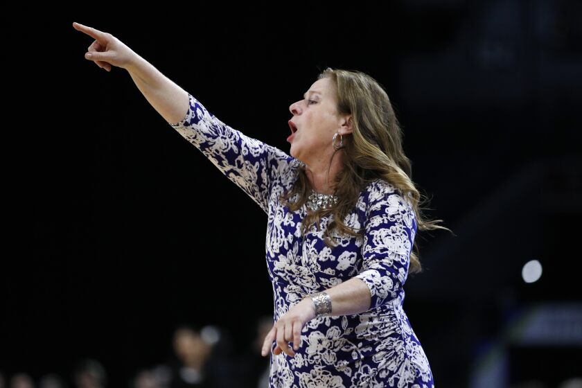 UCLA coach Cori Close is shown against Stanford in the semifinals of the Pac-12 women's tournament March 7, 2020.