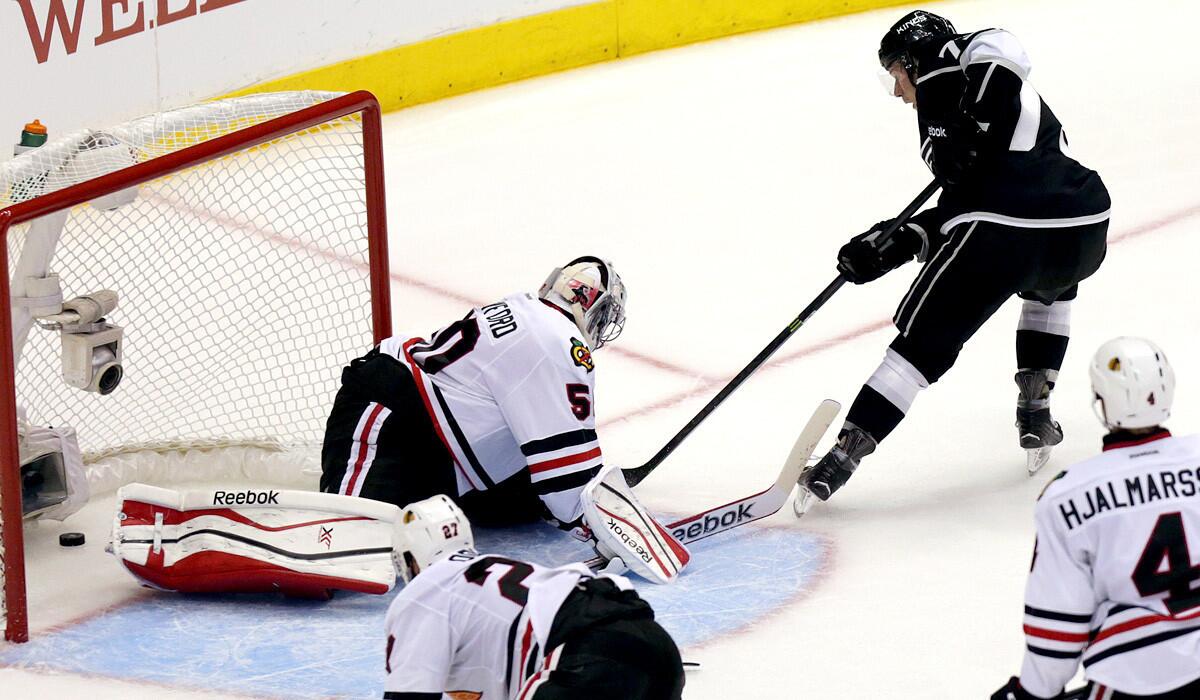 Kings forward Tyler Toffoli (73) scores on a breakaway against Blackhawks goalie Corey Crawford to give the Kings a 3-2 lead in the second period of Game 3.