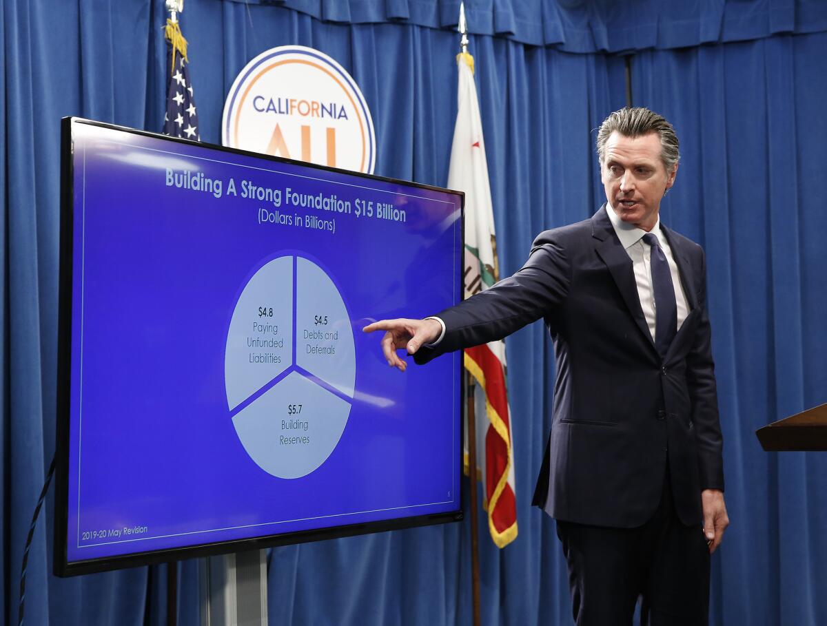 Gov. Gavin Newsom discusses his revised state budget at a news conference in Sacramento.