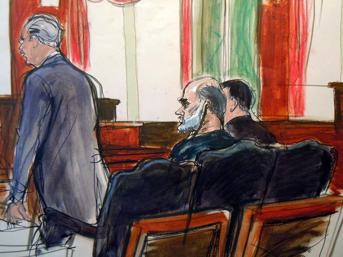 Sulaiman Abu Ghaith, the son-in-law of Osama bin Laden and pictured here in a courtroom sketch, pleaded not guilty to new terrorism charges. His trial in February will mark the first time a terrorism suspect charged with crimes related to the Sept. 11, 2001, attacks will be tried in a U.S. civilian court.
