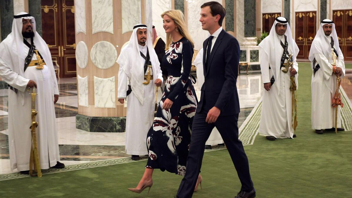 Ivanka Trump and Jared Kushner arrive at the Saudi Royal Court in Riyadh, the capital.