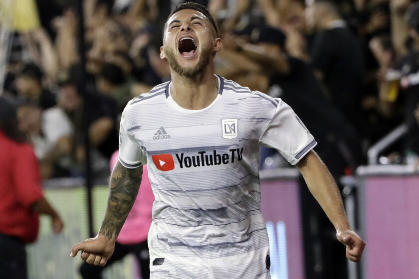 Los Angeles FC's Joshua Perez celebrates his goal against the San Jose Earthquakes during the second half of an MLS soccer match Wednesday, Aug. 21, 2019, in Los Angeles. (AP Photo/Marcio Jose Sanchez)