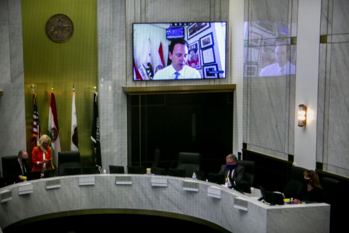 County Supervisor Nathan Fletcher appears virtually at a meeting of the San Diego County Board of Supervisors, seen here on the photographer's computer screen, on May 19, 2020 in San Diego, California.