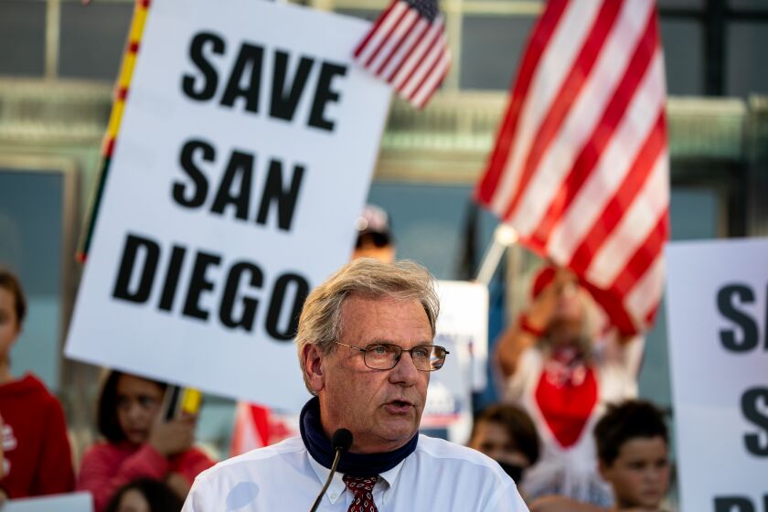 SAN DIEGO, CA - NOVEMBER 16: San Diego County Supervisor Jim Desmond joins demonstrators as they gather at a rally protesting COVID-19 restrictions at the San Diego County Administration Center on Monday, Nov. 16, 2020 in San Diego, CA. (Sam Hodgson / The San Diego Union-Tribune)`