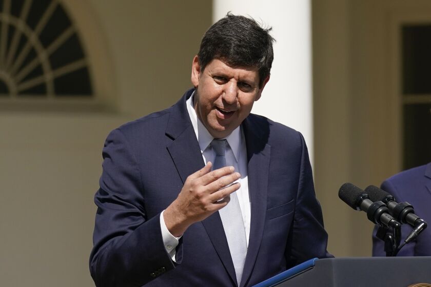FILE - President Joe Biden's nominee to lead the Bureau of Alcohol, Tobacco, Firearms and Explosives, Steve Dettelbach speaks during an event in the Rose Garden of the White House in Washington, April 11, 2022. The most expansive federal report in over two decades on guns and crime shows a shrinking turnaround between the time a gun was purchased and when it was recovered from a crime scene. (AP Photo/Carolyn Kaster, File)