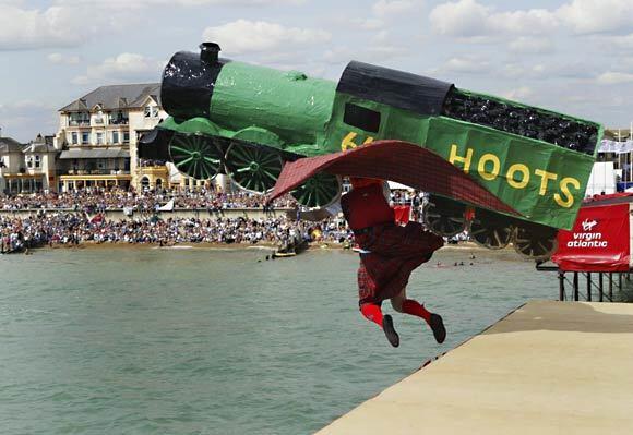 A jumper takes part in the annual 'Bognor Birdman ' jump August 31, 2003 at Bognor Regis, Sussex.