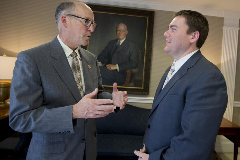 Rep. Greg Walden (R-Oregon), left, speaks with congressional candidate Carl DeMaio earlier this year. Walden, chair of the National Republican Congressional Committee, will stump for DeMaio and some other GOP hopefuls in California next week.