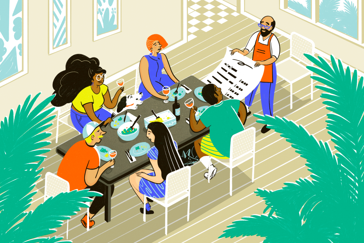 illustration of a group of friends eating dinner, the table is formed by a check wallet, host is holding a bill.