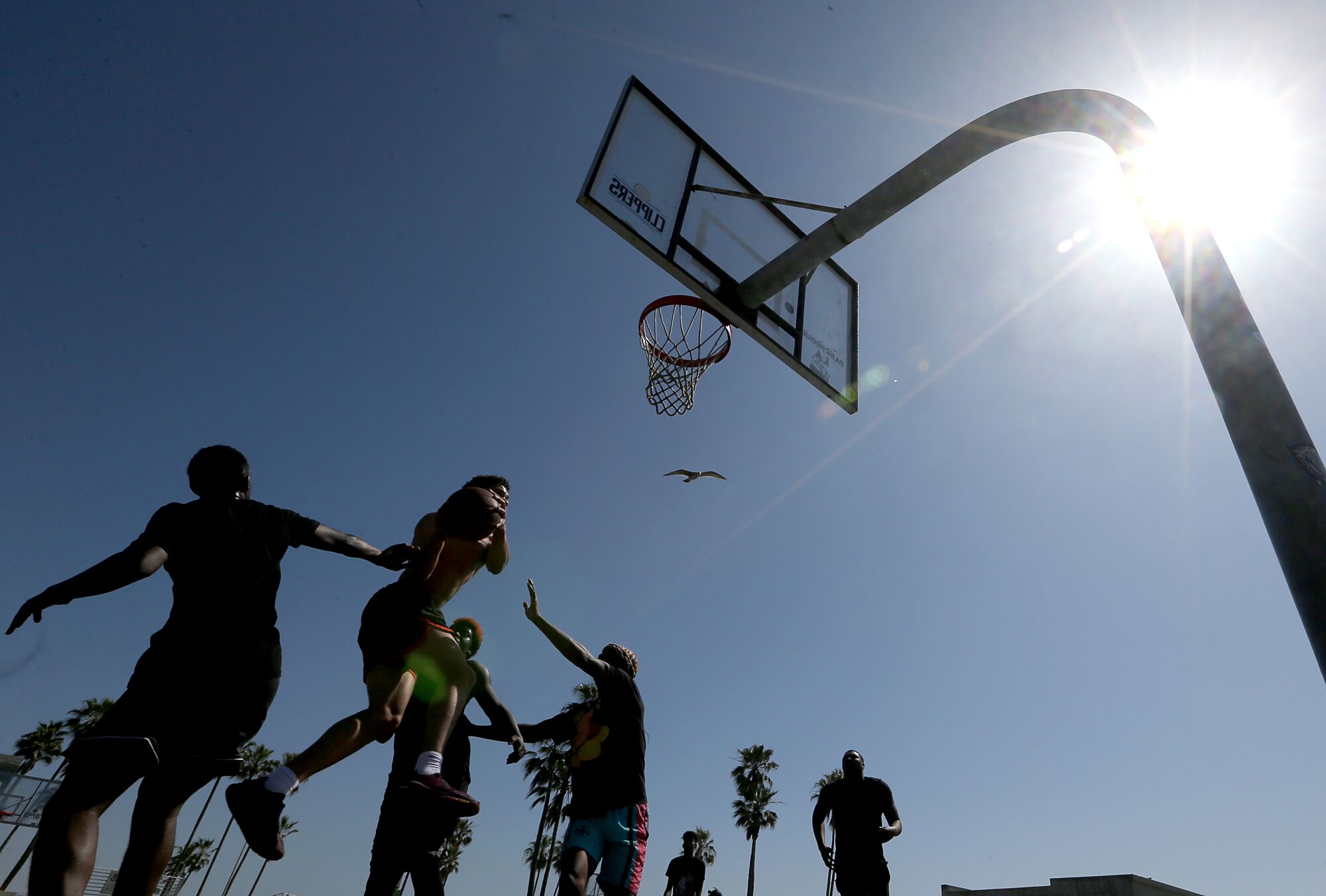 Basketball players compete in a pickup game Wednesday under a blazing sun at Venice Beach.