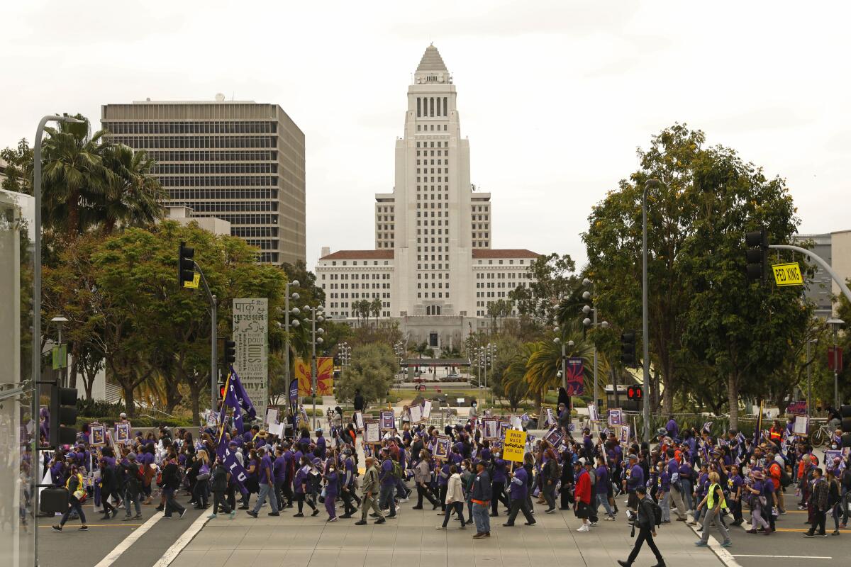 SEIU workers march in downtown Los Angeles