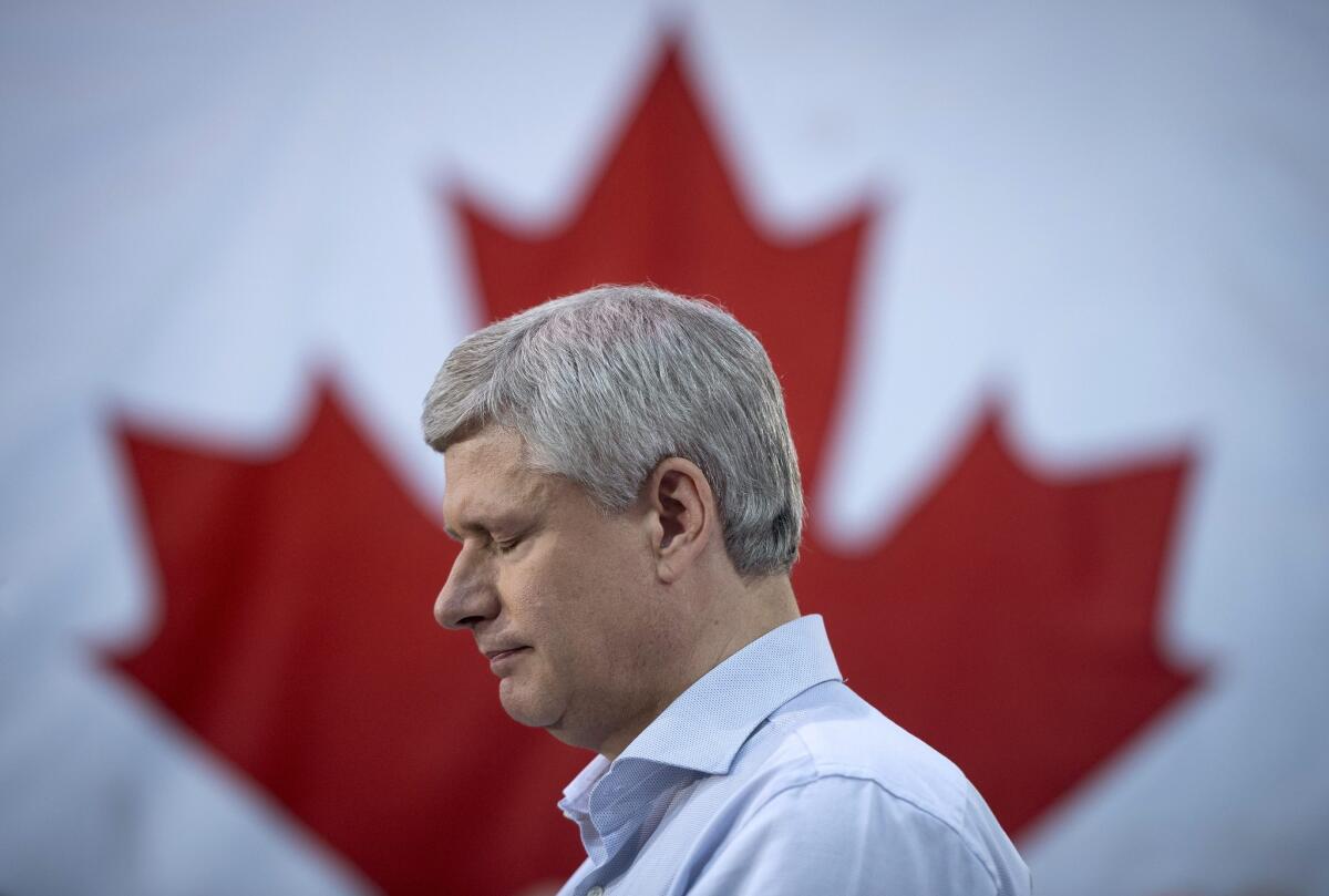 Conservative Party leader Stephen Harper., Canada's incumbent prime minister, on the campaign trail for elections Monday.