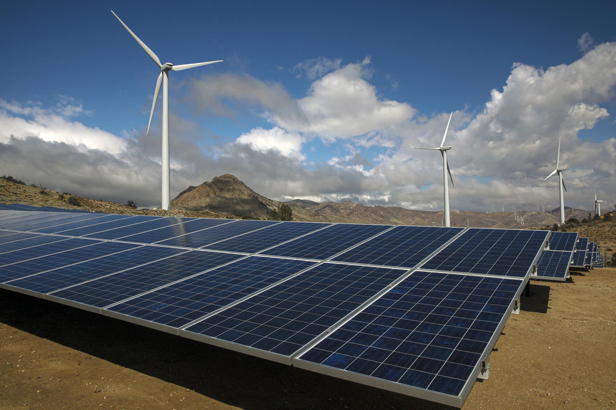 Clouds hover over a row of solar panels and wind turbines.