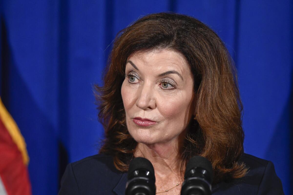 New York Lt. Gov. Kathy Hochul gives a news conference at the State Capitol, Wednesday, Aug. 11, 2021 in Albany, N.Y. Hochul is preparing to take the reins of power after Gov. Andrew Cuomo announced he would resign from office. (AP Photo/Hans Pennink)