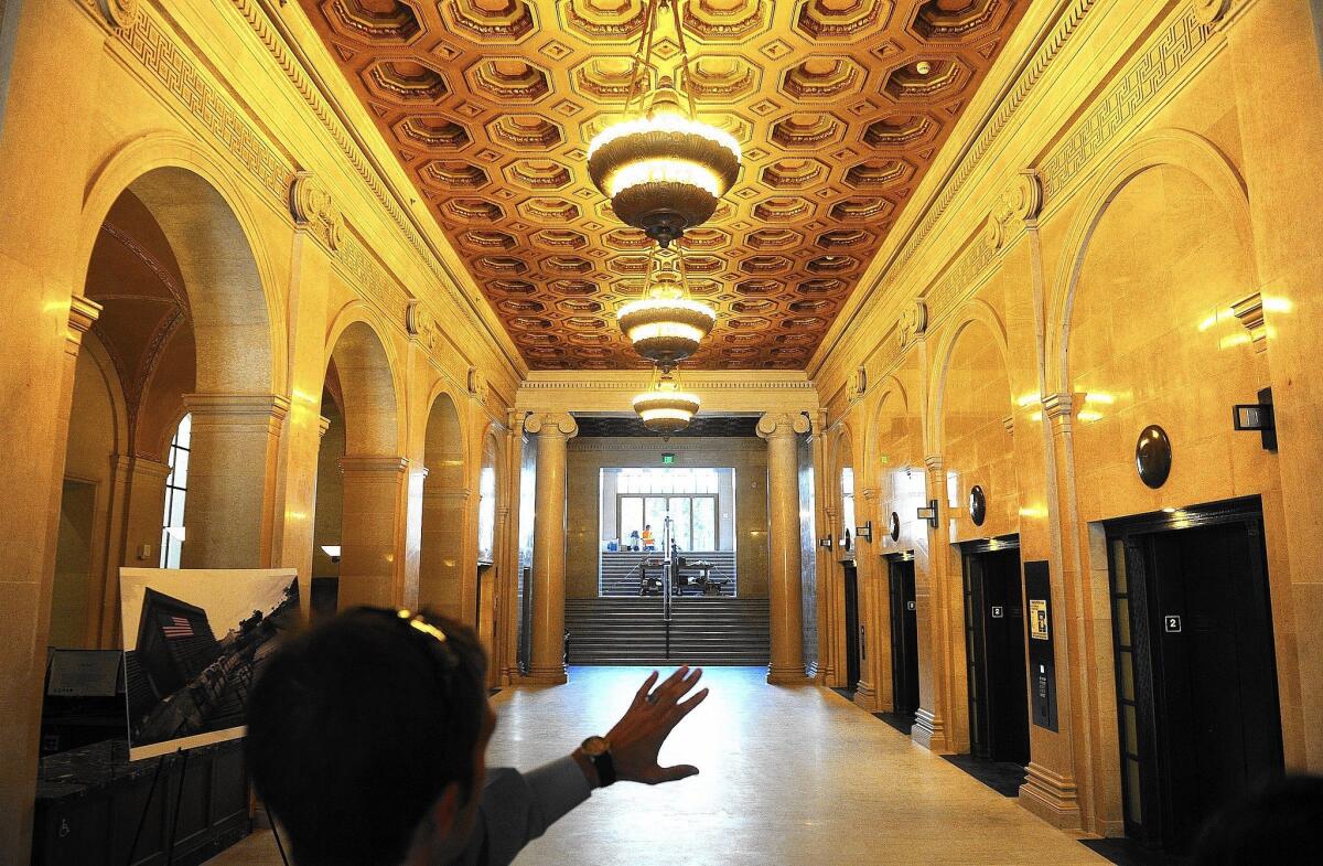 The lobby of the renovated Hall of Justice in downtown Los Angeles. The landmark, where the trials of Charles Manson and Sirhan Sirhan took place, was seriously damaged in the 1994 Northridge earthquake.