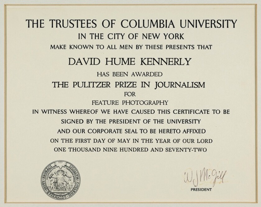 The Pulitzer Prize certificate for David Hume Kennerly for Feature Photography.