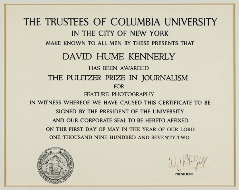 The Pulitzer Prize certificate for David Hume Kennerly for feature film photography.